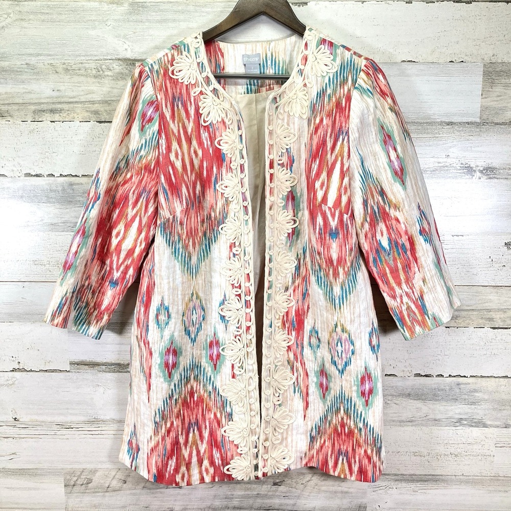 Chicos Womens White/Pink Soutache Embroider 100% Linen Aztec‎ Open Jacket 2/US14